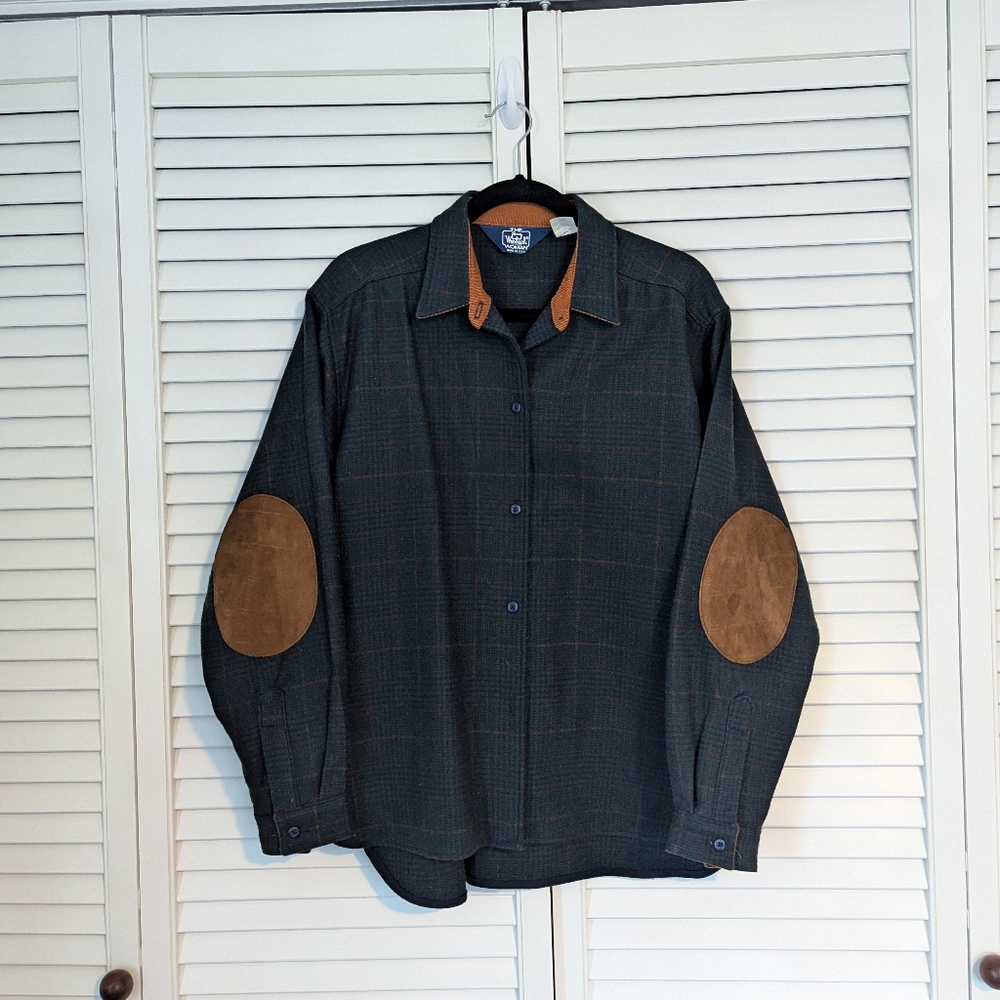 Vintage Woolrich Woman Wool Button Plaid Shirt Suede Elbow Pads Corduroy Collar